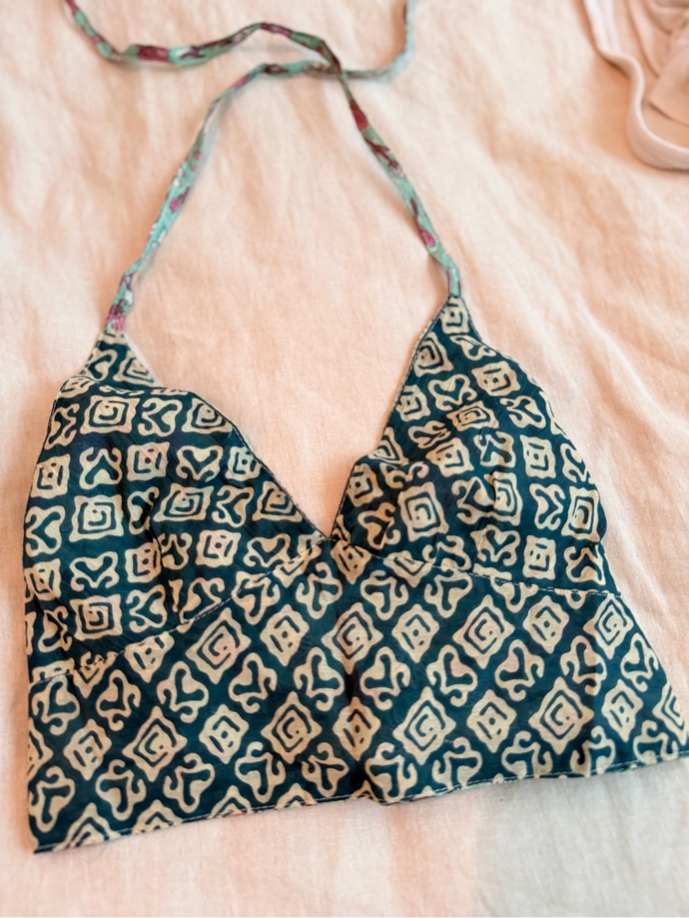 Patterned Halter Crop Top in Teal and Cream